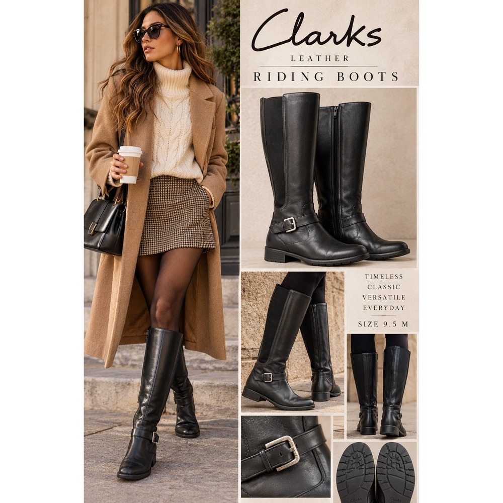 Clarks 9.5 Black Leather Riding Boots Equestrian Moto Buckle Knee High